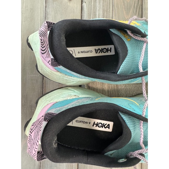 Hoka Clifton 9.5 Womens Trail Running Shoes Teal Lavender Yellow Vibram Sneakers - Picture 8 of 13